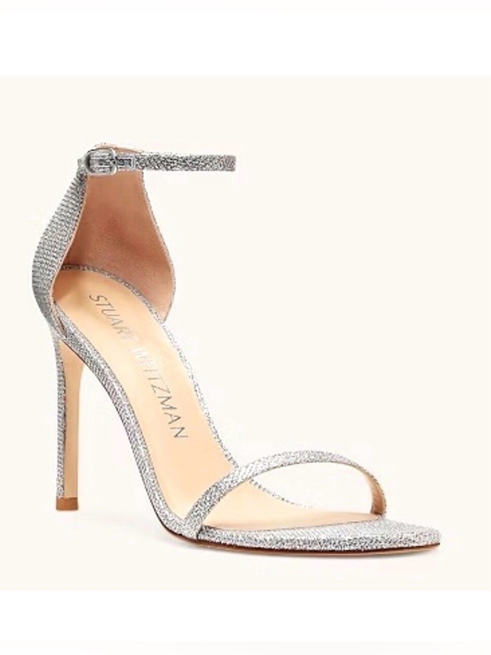 STUART WEITZMAN Nudistsong Silver Glitter Stiletto Sandal 6.5 MSRP $495 NWOB